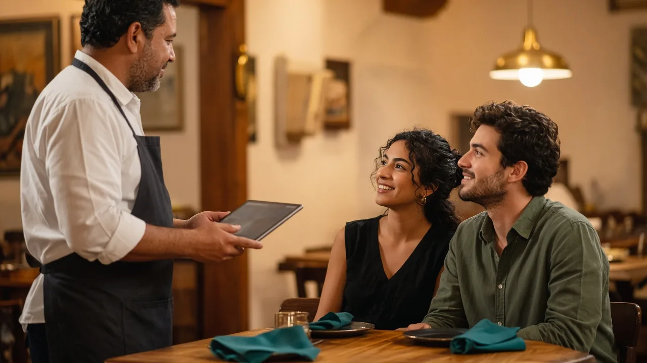 Mesero tomando el pedido de una pareja joven con una tablet